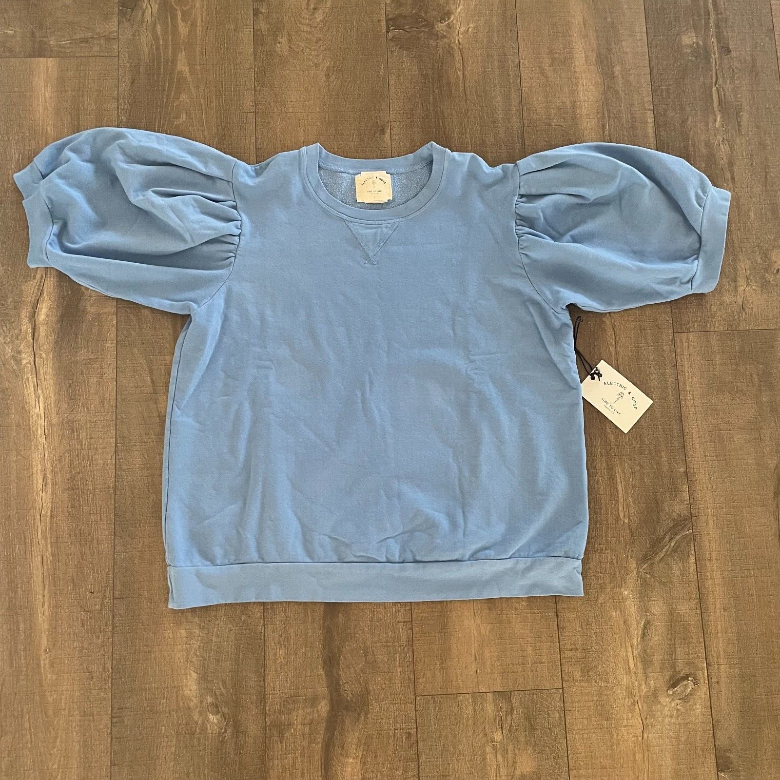 Nwt Electric & Rose Sweatshirt Women Usa Large Blue Puff Sleeve Coastal Pullover